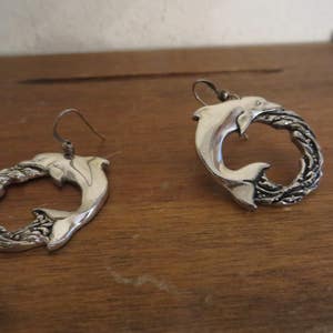 Sterling Silver Dolphin Earrings. Vintage Heavy Ornate