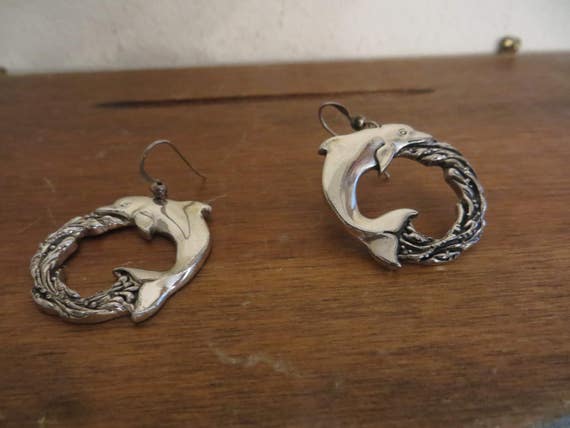 Sterling Silver Dolphin Earrings. Vintage Heavy O… - image 1