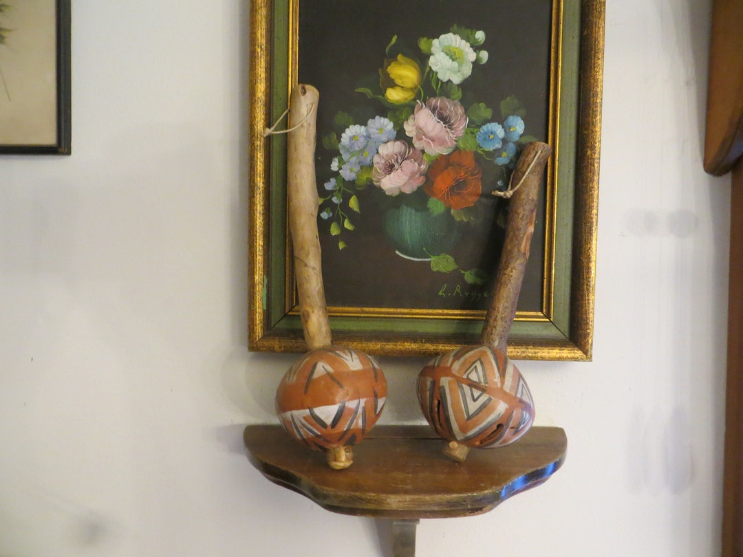 Pair of Pottery Maracas. Set of Vintage Clay Rattles, Shakers, Wood ...