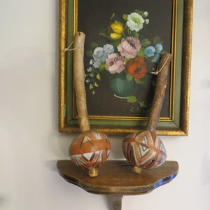 Pair of Pottery Maracas. Set of Vintage Clay rattles, Shakers, Wood Handles