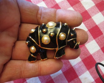 70's Kenneth Jay Lane Rhinoceros Enamel Pearl Brooch Rhino Pin