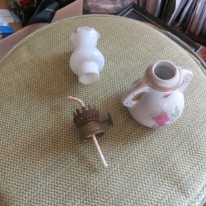 Small oil lamp with flowers and Shade, Vintage Porcelain