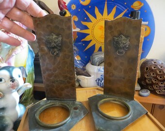 Pair Of Lions Head Hammered Metal Wall Sconces, Please Read Description
