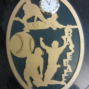 May include: A wooden wall clock with a baseball theme. The clock face is surrounded by a baseball diamond with players in various poses. The word "BASEBALL" is spelled vertically on the right side of the clock. The clock face is white with black hands and black numbers.
