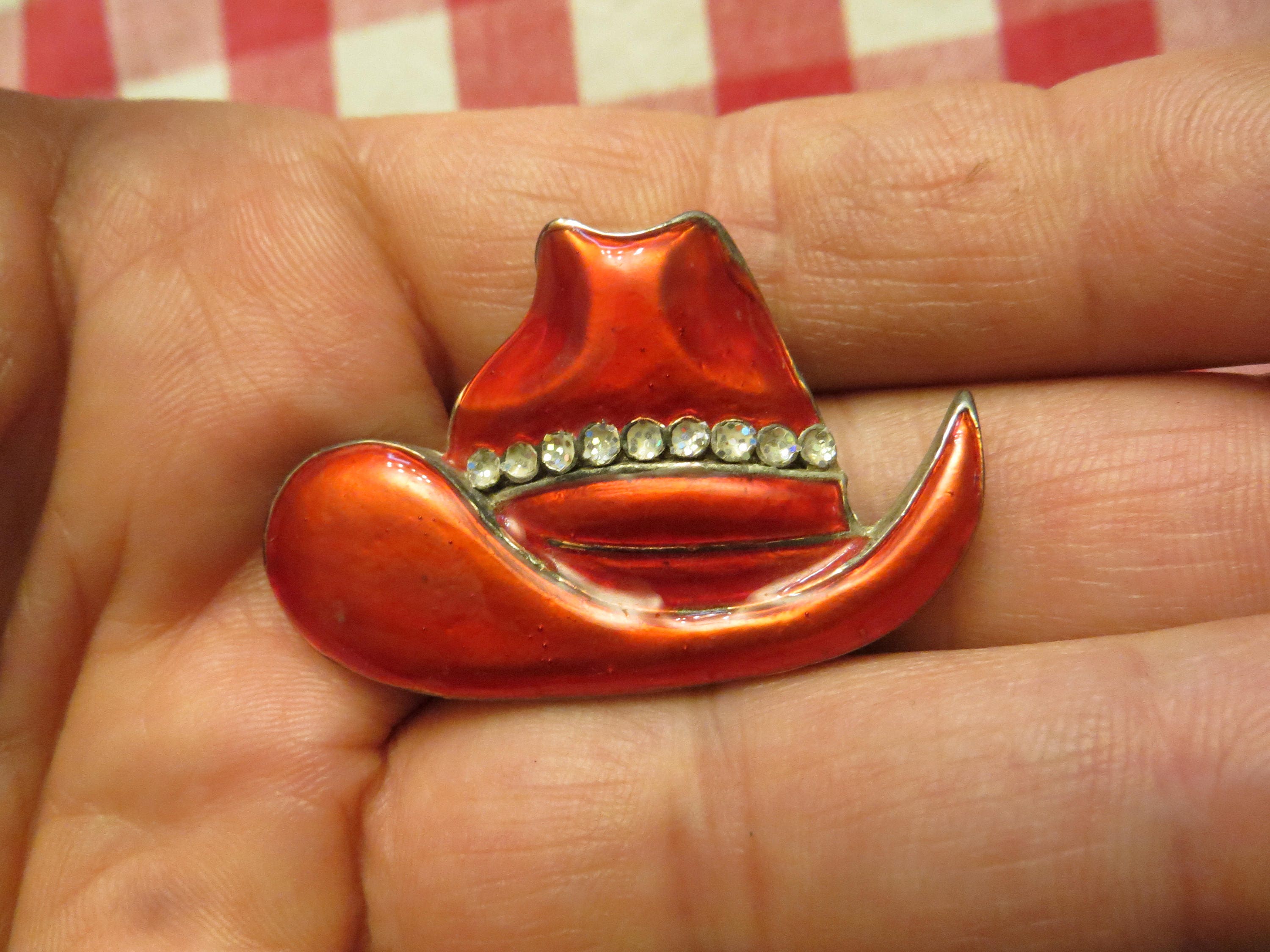 Vintage Red Cowboy Hat Pin Jewelry Rhinestones Enamel Brooch Etsy