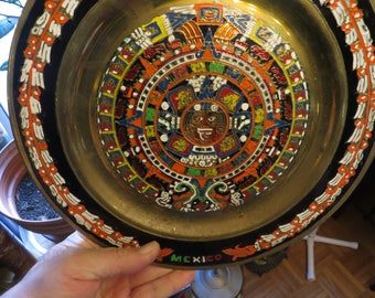 Brass Plates Chargers, Hand Painted Mexican Aztec Mayan Metal Wall Plates Vintage