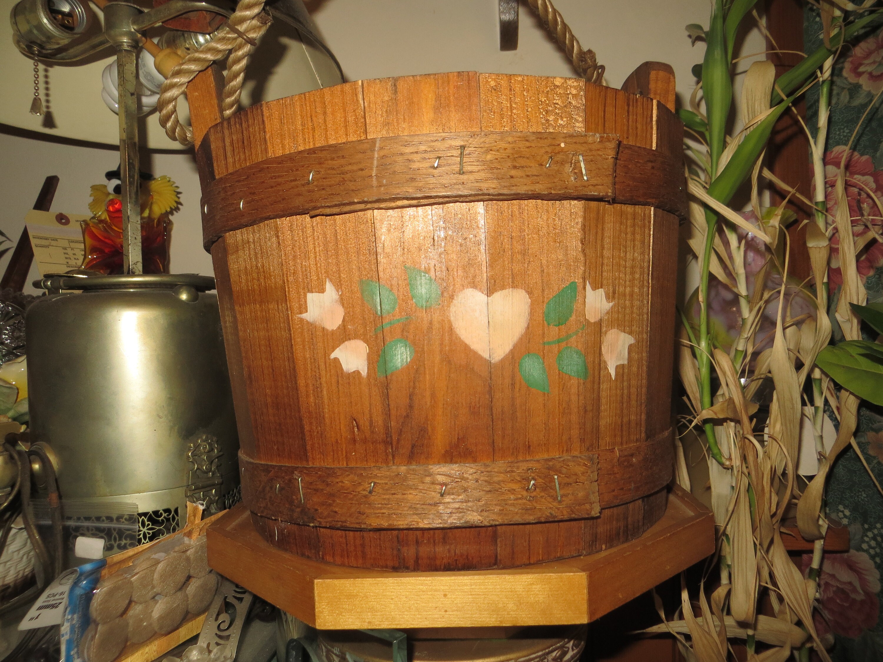 Primitive Panel Wood Bucket With Rope Handle, Wooden Pail Firkin Style ...