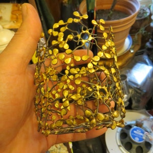 Wire Basket, gold leaves, flower basket vintage hand made,