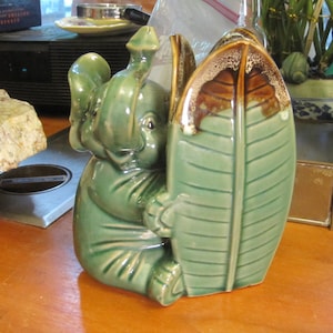 Vintage Lucky Elephant & Palm Leaves Vase, Trunk Up
