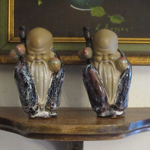 Antique Asian Chinese Wise Man Mud Clay Man Long Beard Figurines