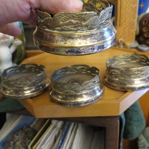 Rare Antique Set of 4 Silver Plated Coasters w/ Waterfowl Designs