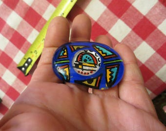 Art Glass Brooch, vintage pin aztec
