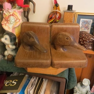 Vintage MCM Wood Duck Head Bookends