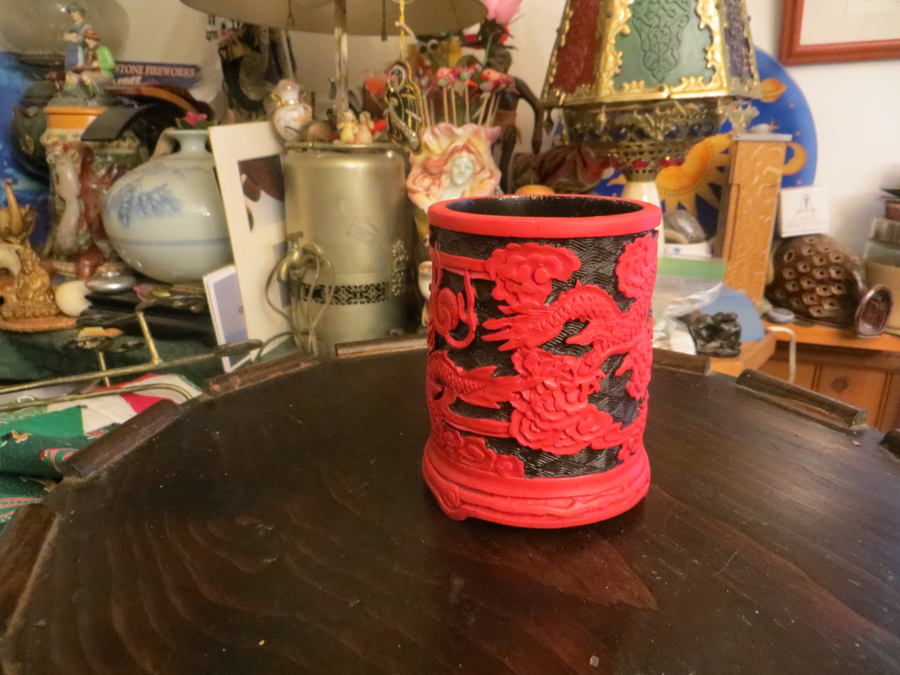 Chinese Cinnabar Carved Resin Brush Pot 