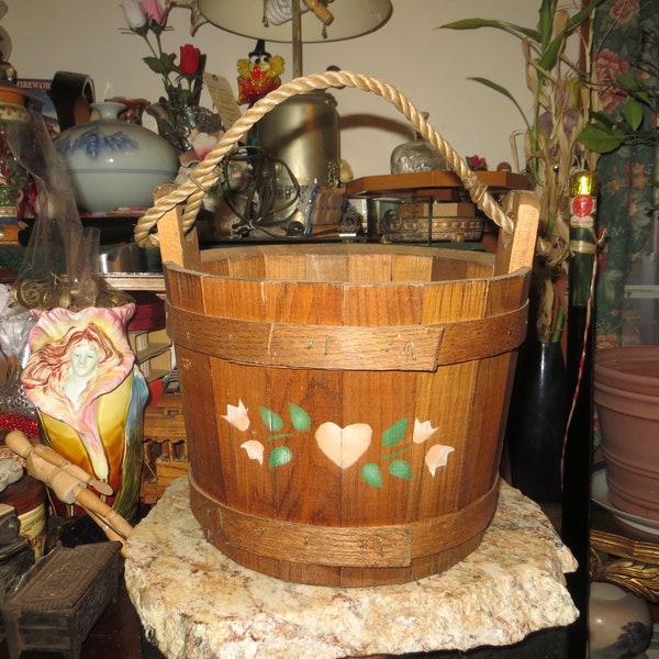 Primitive Panel Wood Bucket With Rope Handle, Wooden Pail Firkin Style
