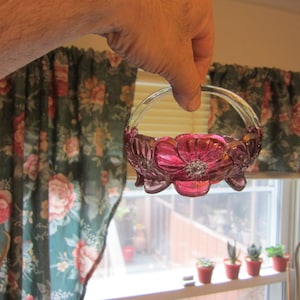 Vintage Glass Basket, handle, soft pinks, pinkish reds, flowers