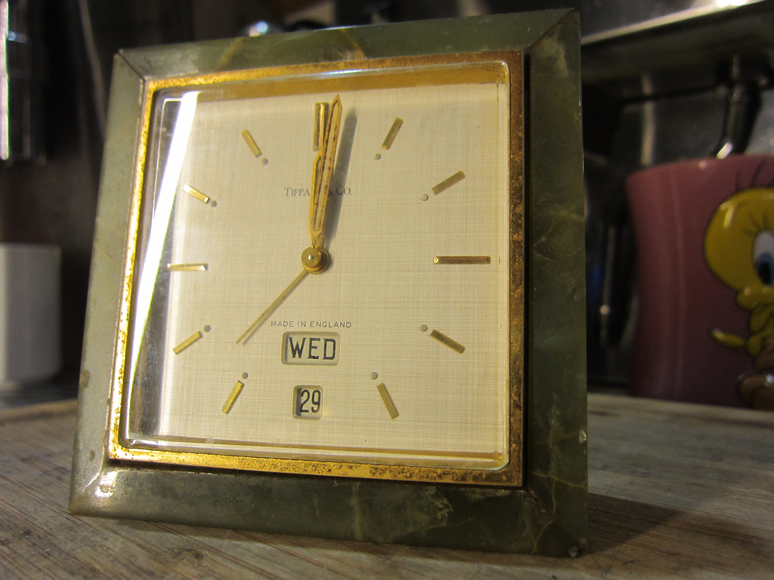 Vintage Tiffany & Co. Clock, Onyx and Brass Swiss 8 Day W/ Day