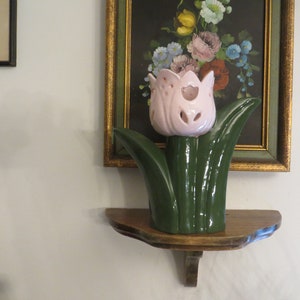 Pottery flower shaped vase, vintage, hand painted, pink & green