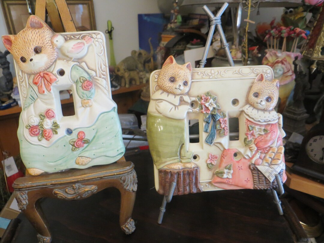 Cat Switch Plate Covers, Vintage Set of Takahashi Ceramic Wall Switch