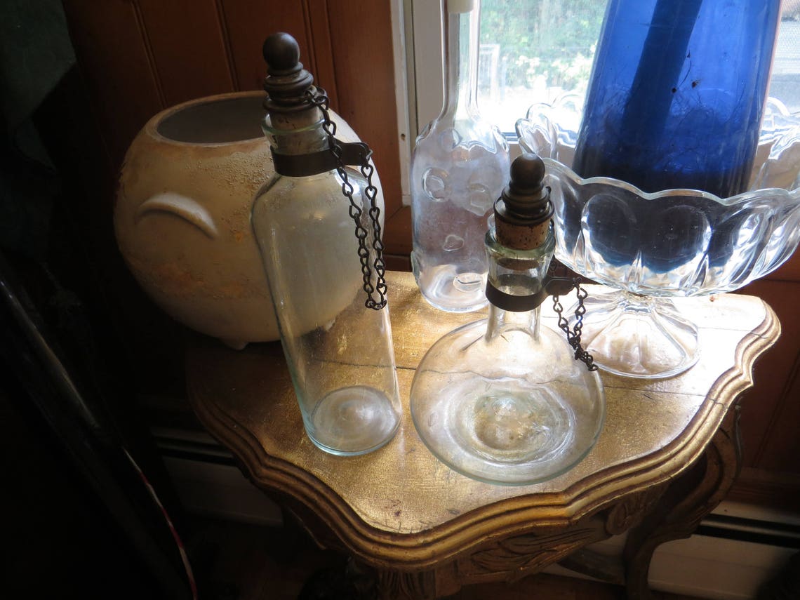 Antique Decanters Cork Metal Top and Chain Hand Blown Old Etsy