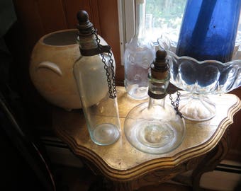 Antique Decanters, cork metal top and chain, hand blown old ships barware