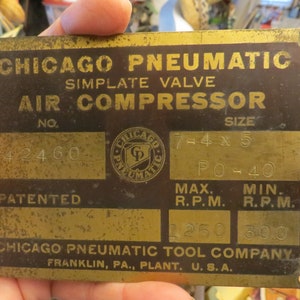 Vintage Brass Chicago Pneumatic Tool Company Air Compressor Plate Tag