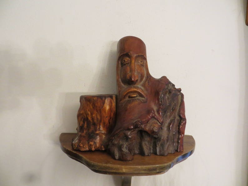 Wooden Face, Incense Carved Wood Tree Trunk Candle Holder