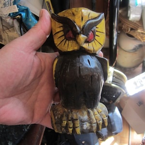 Carved Wooden Owl Figurine, red eyes, vintage