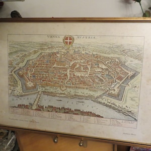 May include: A vintage framed map of Vienna, Austria, with a detailed illustration of the city and surrounding area. The map is in a gold frame and includes the text "VIENNA", "AUSTRIA", and "DANUBI", along with a key listing various landmarks.