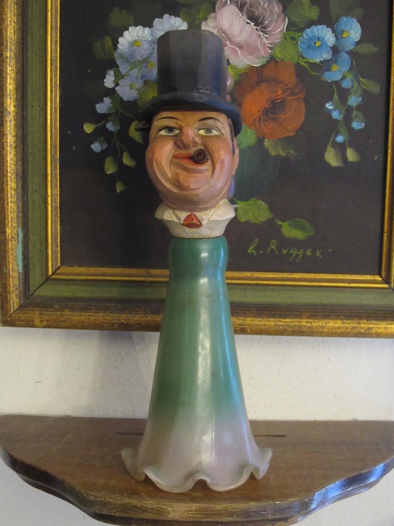 Vintage Bottle Stopper, Wine Cork, ANRI Mechanical Alpine  ANRI Mechanical Alpine Man Bottle Stopper Wood Hand Carved Puppet Barware Cork main image 1