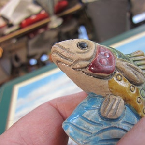 Hand Painted Clay Pottery Folk Art Fish Sculpture, Hand Painted, Vintage