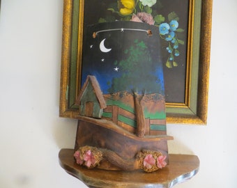 Vintage Folk Art Pottery Clay Country Scene - Raised Relief Design w/ Crescent Moon