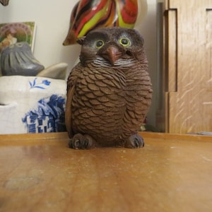 Carved Wooden Owl Figurine, signed vintage