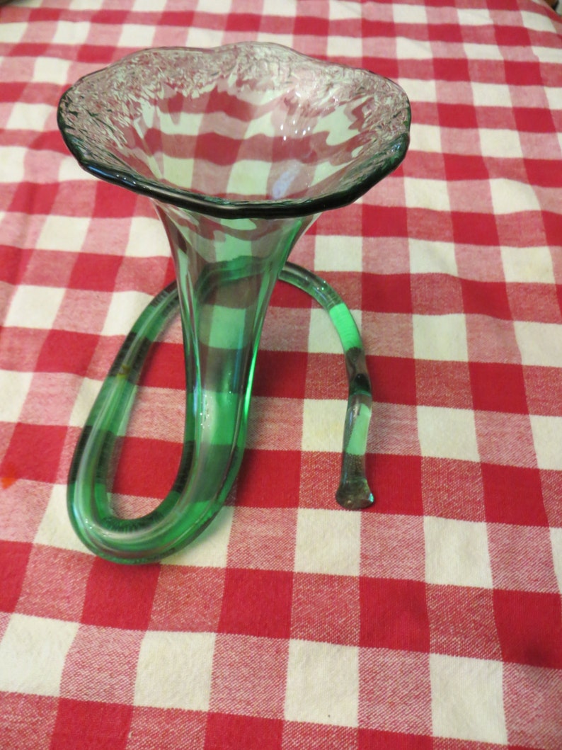 Vintage Green Glass Vase Swirl Stem Trumpet Hand Blown