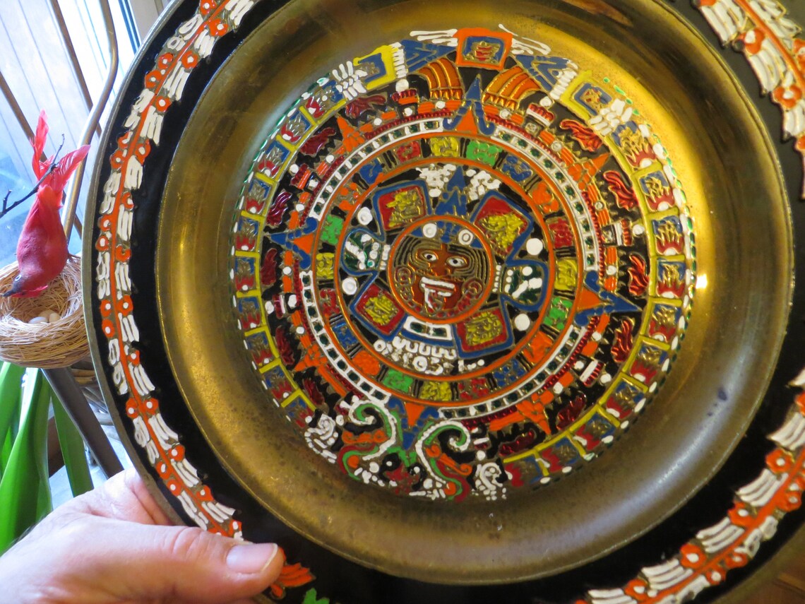 Brass Plates Chargers, Hand Painted Mexican Aztec Mayan Metal Wall ...