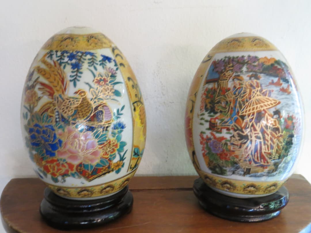 Vintage Hand Painted Porcelain Eggs, Peacocks Geisha's Flowers Gold Trim Etsy