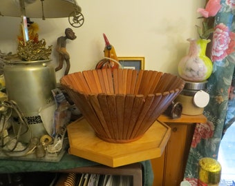 Mid Century Modern Vintage Paper Basket, Decorative Wood Bowl.