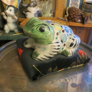Vintage Mexican Folk Art Frog, Hand Made Painted Pottery,