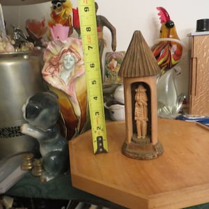 Vintage Carved Wood Tiki Hut with Figurine