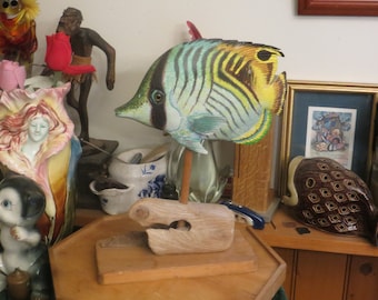 Large MCM Colorful Angel Fish Sculpture Carved From Wood & Hand Painted, Please Read Description