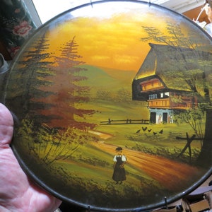 Large West Germany Porcelain Cabinet Plate, Handles, Black Forest Pattern, w/ Wire Hanger