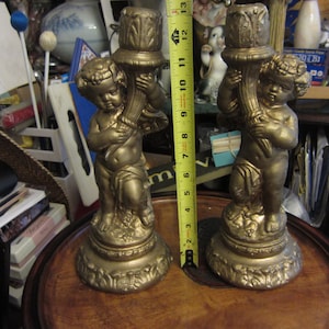 Vintage Plaster Cherub Candlesticks, Vintage Gold Gilt Cherub Candleholders, Heavy Lighting Table Decor, Gold Gilt Angels Holding Urns