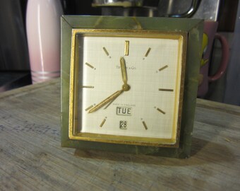 Vintage Tiffany & Co. Clock, Onyx and Brass Swiss 8 Day W/ Day