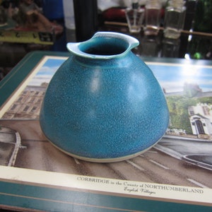 May include: A teal blue ceramic vase with a rounded shape and a slightly flared opening. The vase has a speckled texture and a white rim.