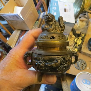 Vintage Bronze Brass Incense Burner, Ornate, Lid,