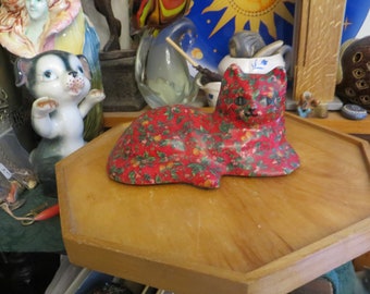 Vintage Handcrafted Cat Sculpture Figurine w/ Flower Print, Paper Mache , Please Read Description