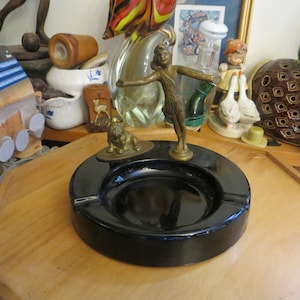 Art Deco Black Glass The Good Fairy Figural Ashtray with Bull Dog