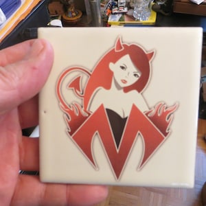 Ceramic Tile, Coaster, Devil Girl, Beer 4&quot; x 4&quot;