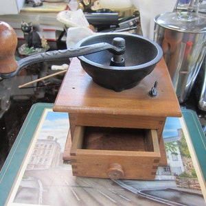 Vintage Coffee Bean Grinder, Mill Hand Crank Box, Dovetail Joint Wood Cast Iron
