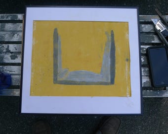 Vintage MCM Yellow Abstract Painting Secret Biker Graphic Backing Motorcycle Art - Please Read Description